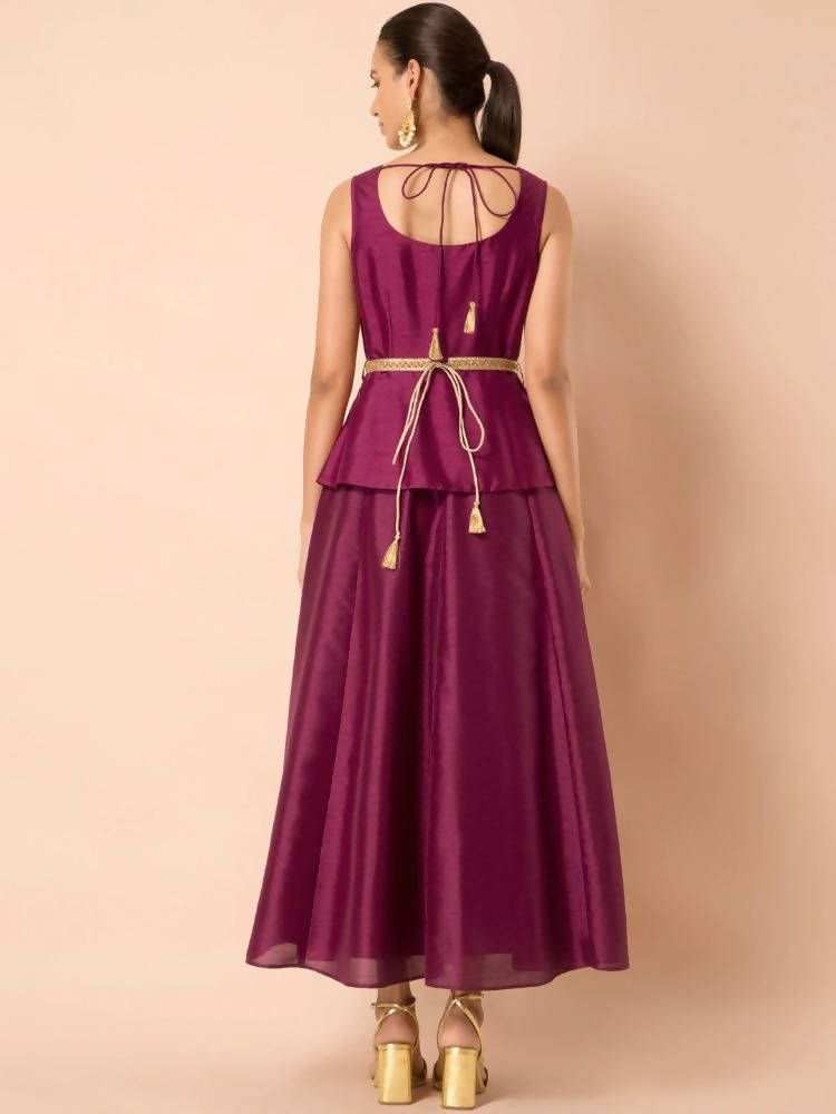 Indya Women Wine-Colored Embroidered Belted Peplum Layered Kurta | Grab2Buy