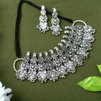 Mominos Fashion Johar Kamal Oxidised Silver-Plated Brass Finish Temple Jewellery with Earrings For Women | Grab2Buy