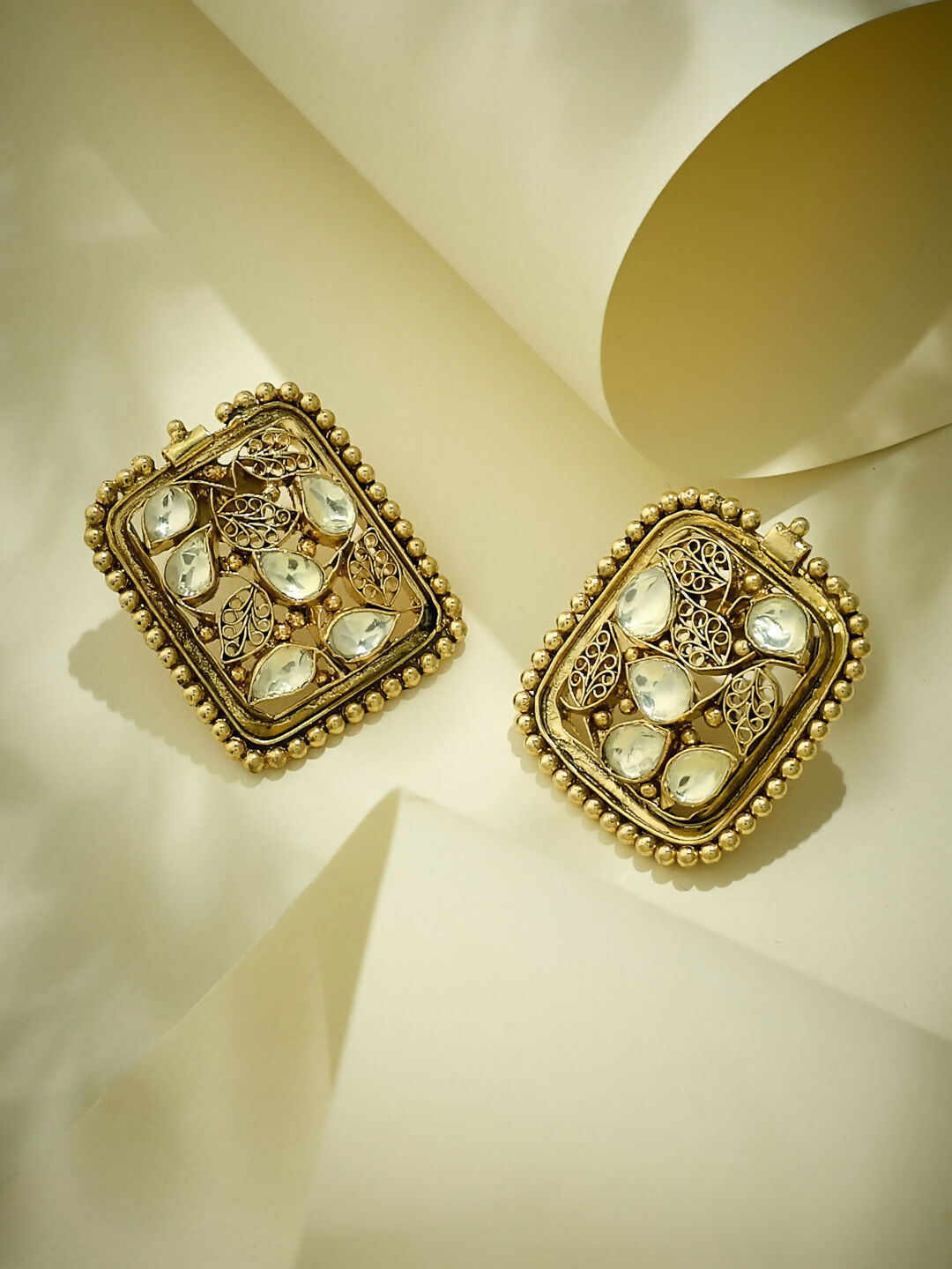 Nuyug 22K Gold-Plated Kundan & Filigree Concept Rectangular Leafy Studs | Grab2Buy