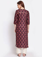 Myshka Women's Wine Printed Pashmeena 3/4 Sleeve Round Neck Casual Winter Kurta | Grab2Buy