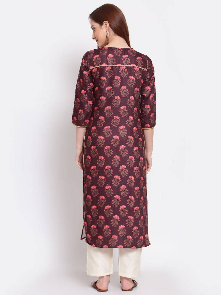 Myshka Women's Wine Printed Pashmeena 3/4 Sleeve Round Neck Casual Winter Kurta | Grab2Buy