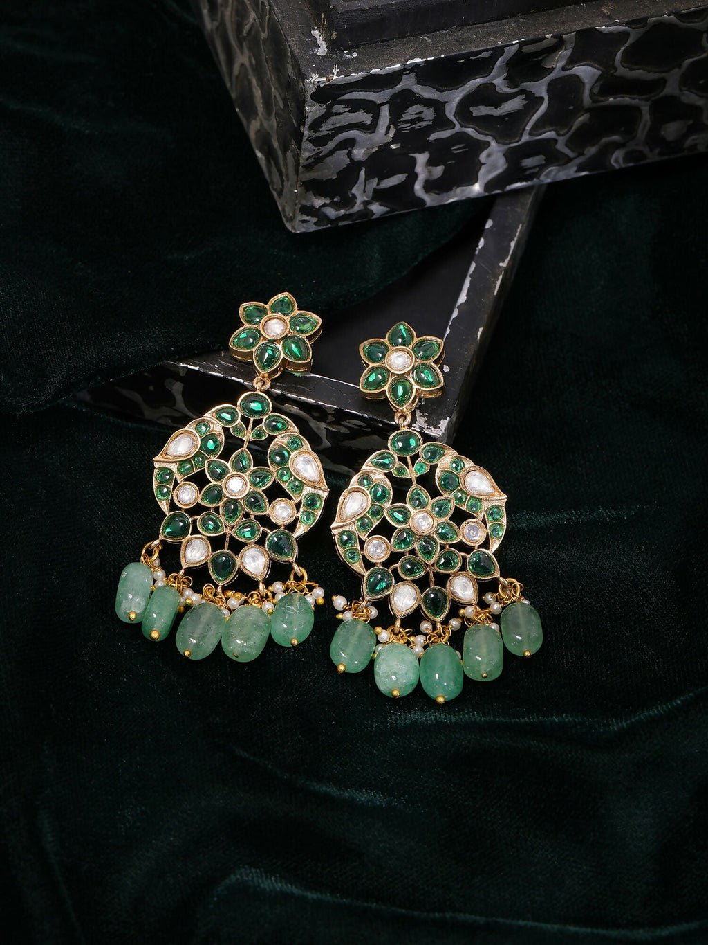 Ruby Raang Gold Polished Green Kundan Earrings | Grab2Buy
