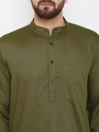 Even Apparels Green Linen Men's Kurta With Band Collar | Grab2Buy