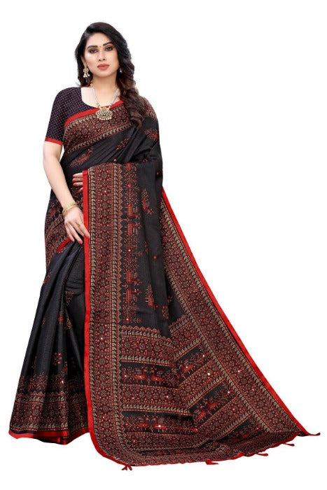 Vamika Black Mirror Work With Jhalar Khadi Silk Saree (AASHI BLACK) | Grab2Buy