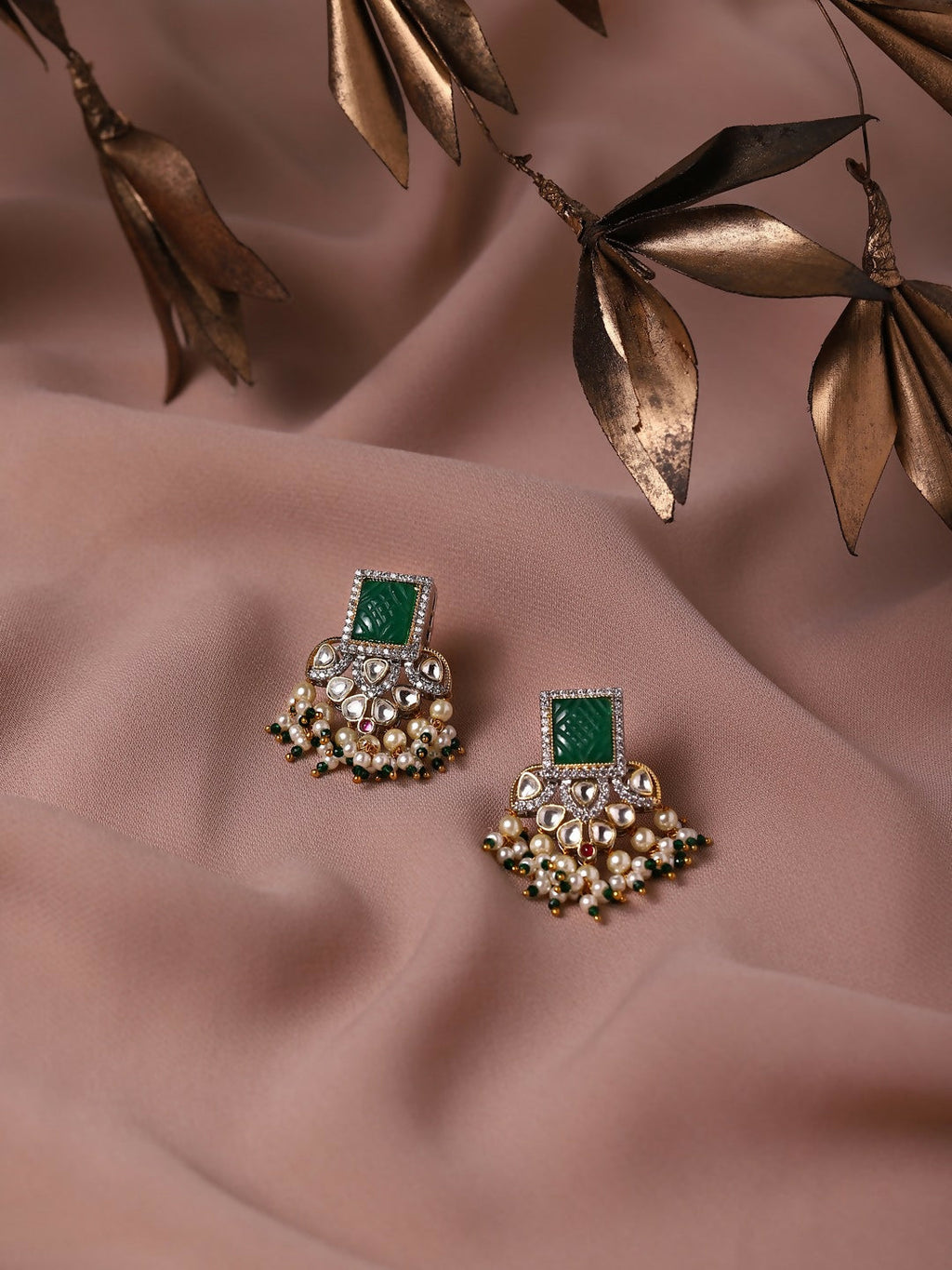 Diamond & Semi Precious Stone Green Earrings- Ruby Raang | Grab2Buy