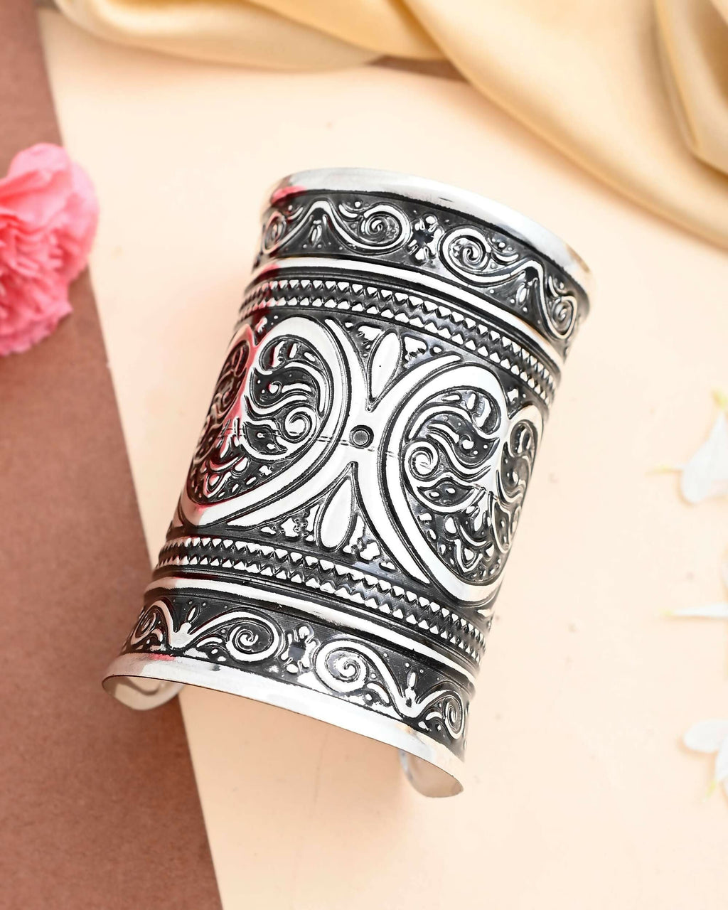 VOJ Silver Plated Oxidised Long Cuff Bracelet | Grab2Buy