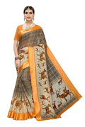 Vamika Orange Linen Digital Print with Satin Border Beautiful Saree | Grab2Buy