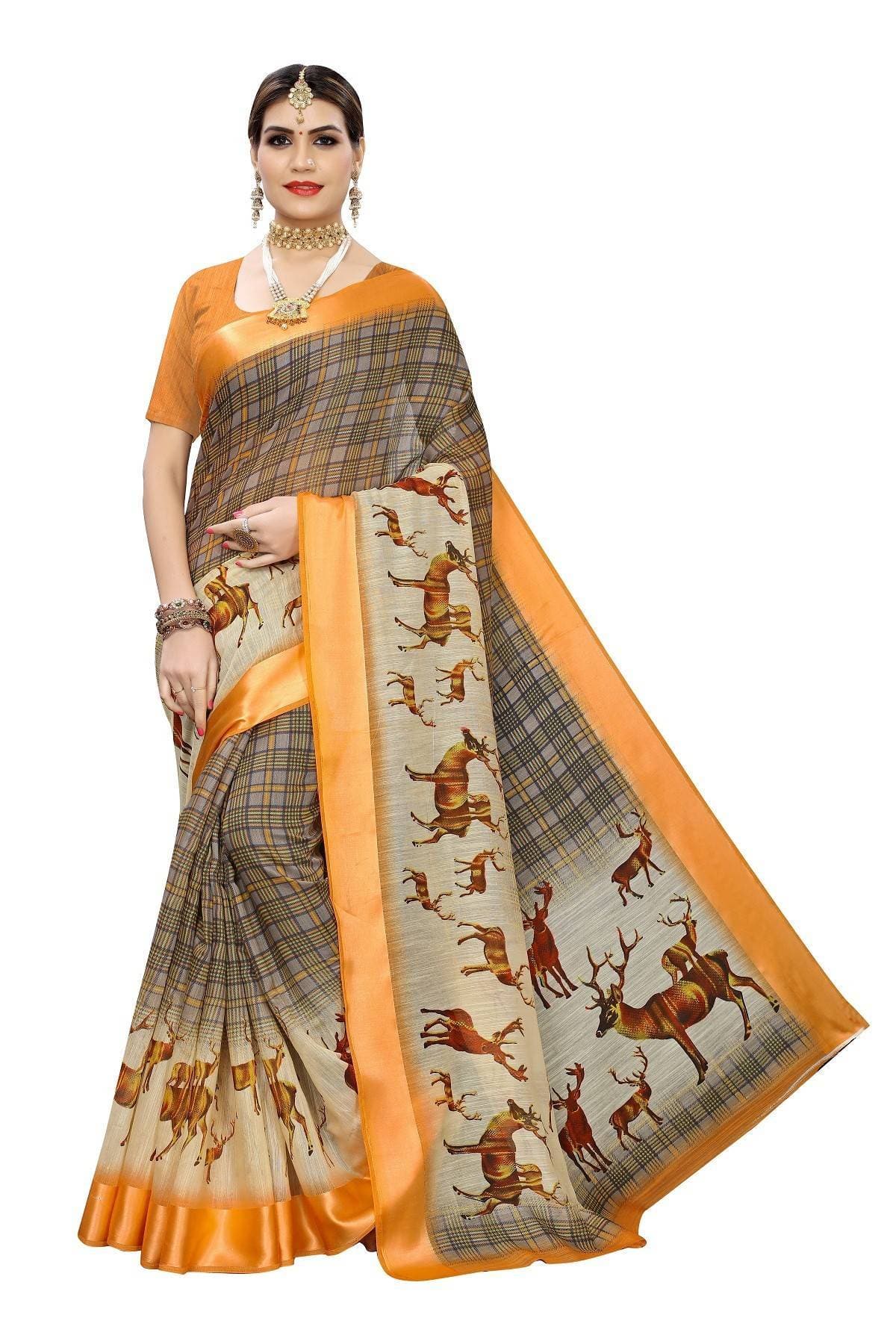 Vamika Orange Linen Digital Print with Satin Border Beautiful Saree | Grab2Buy