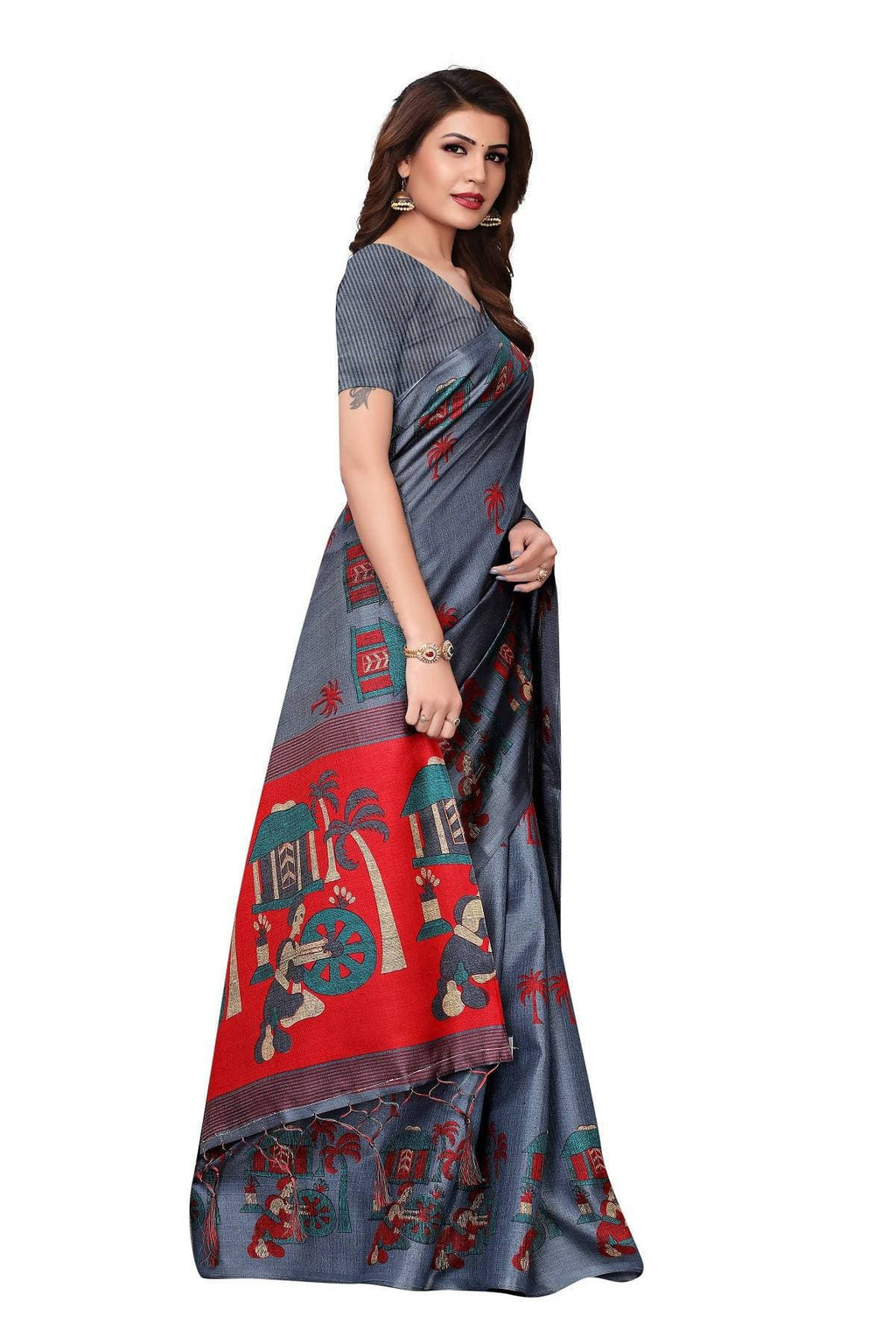 Vamika Grey Kalamkari With Jhalar Khadi Silk Saree | Grab2Buy