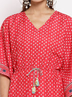 Myshka Women's Red Cotton Printed 3/4 Sleeve V Neck Casual Kaftan | Grab2Buy