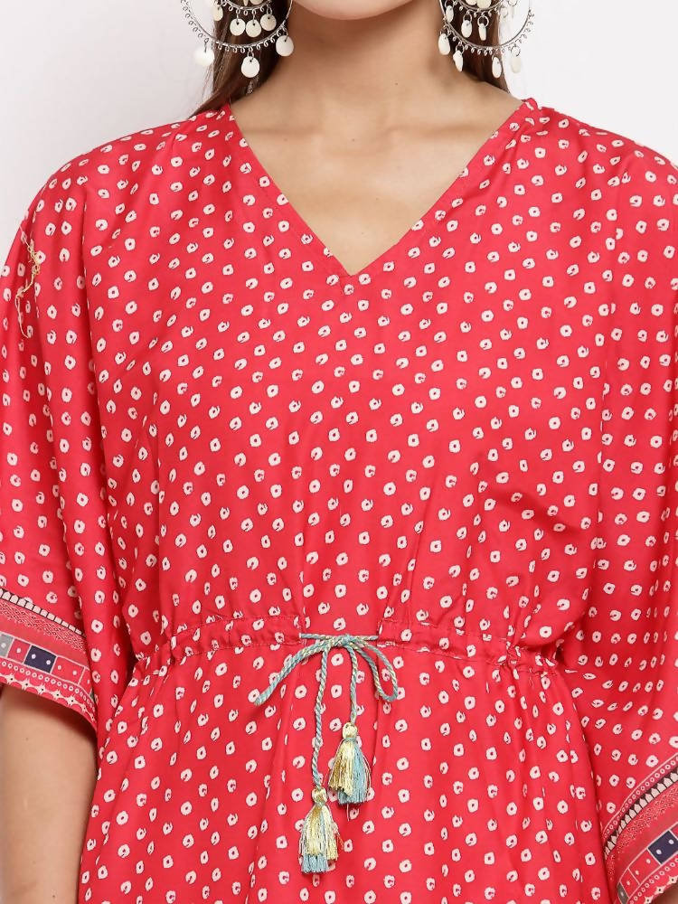 Myshka Women's Red Cotton Printed 3/4 Sleeve V Neck Casual Kaftan | Grab2Buy