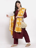 Myshka Women's Beautiful Burgundy Cotton Solid 3/4 Sleeve Square Neck Casual Kurta Pant Dupatta Set | Grab2Buy
