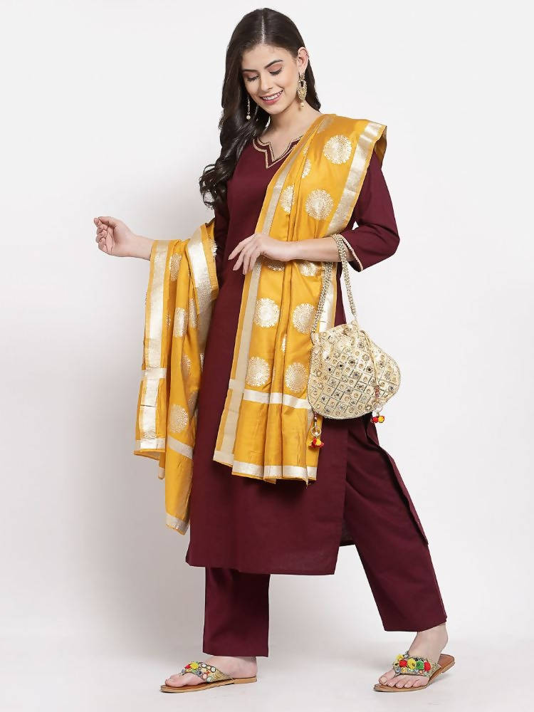 Myshka Women's Beautiful Burgundy Cotton Solid 3/4 Sleeve Square Neck Casual Kurta Pant Dupatta Set | Grab2Buy