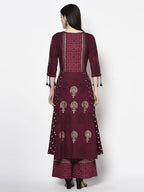 Aniyah Rayon Wine Color Block Print Anarkali Palazzo Set (AN-171K) | Grab2Buy