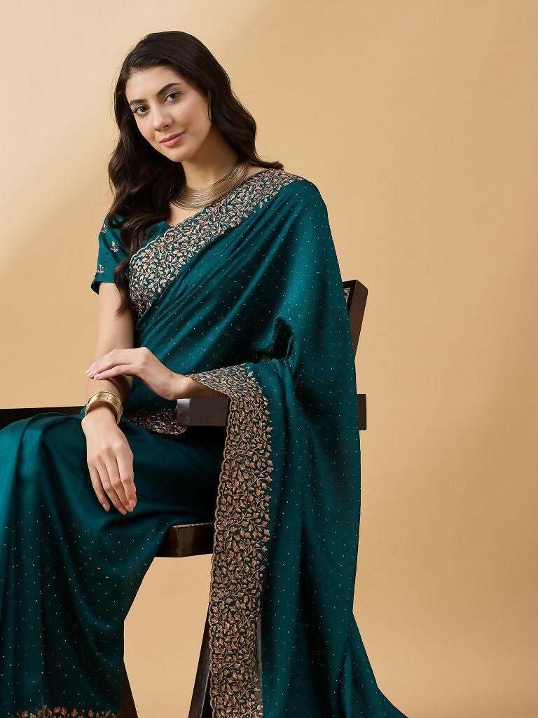 Teal Silk Blend Embroidered Saree with Unstitched Blouse - Vairagi | Grab2Buy