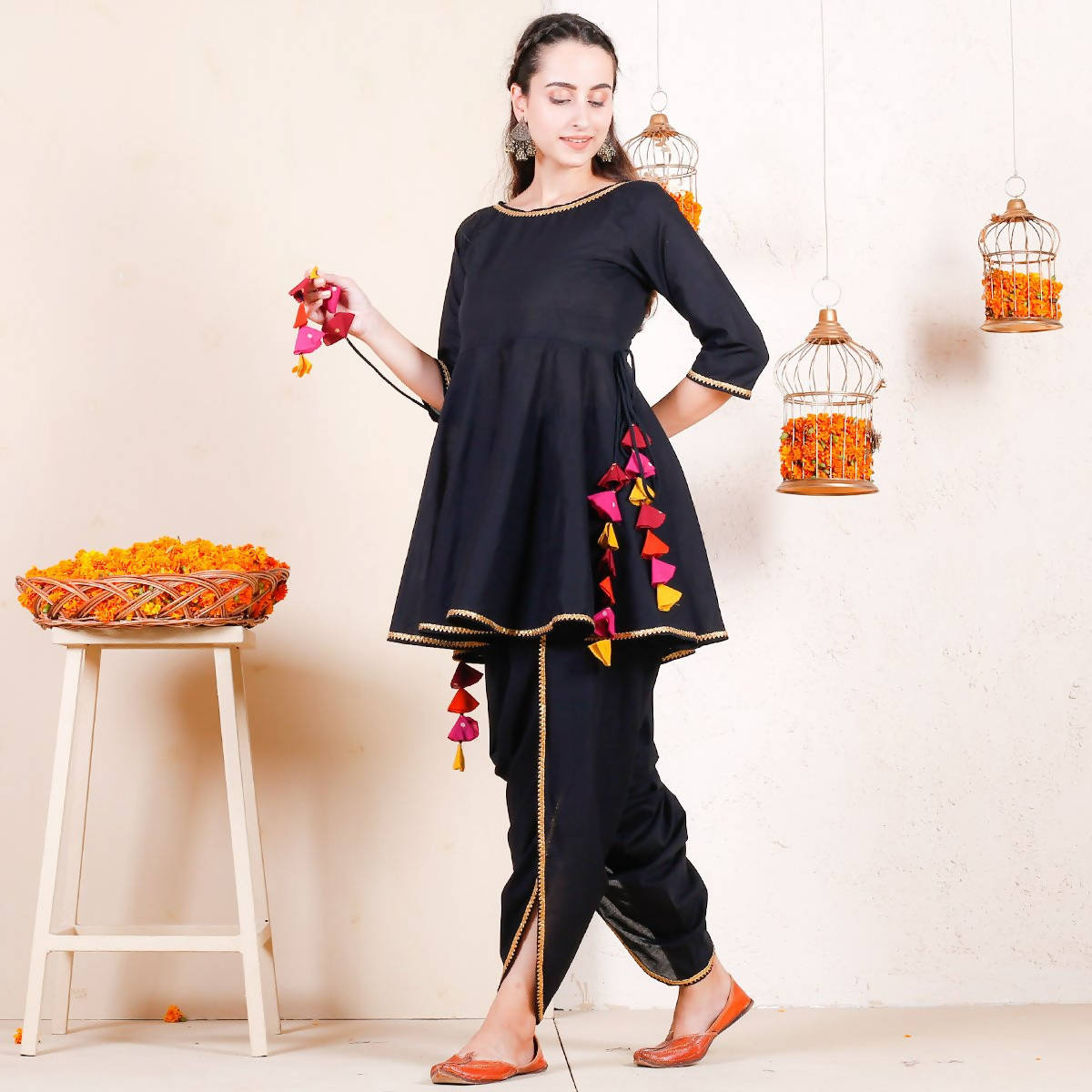 Cheera Black Dhoti Peplum Top Set With Multicolour Tassels (CH125KD) | Grab2Buy