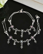 VOJ Set of 2 Silver Plated Flower Shaped Stone Studded Anklet