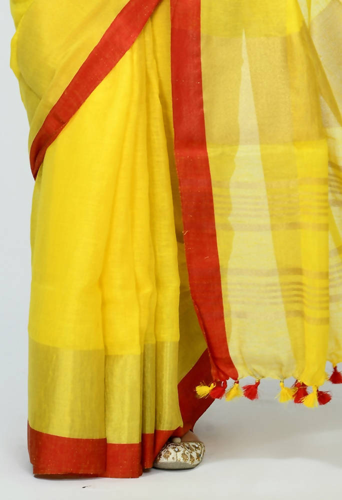 Mominos Fashion Moeza Pure Linen Yellow Saree | Grab2Buy