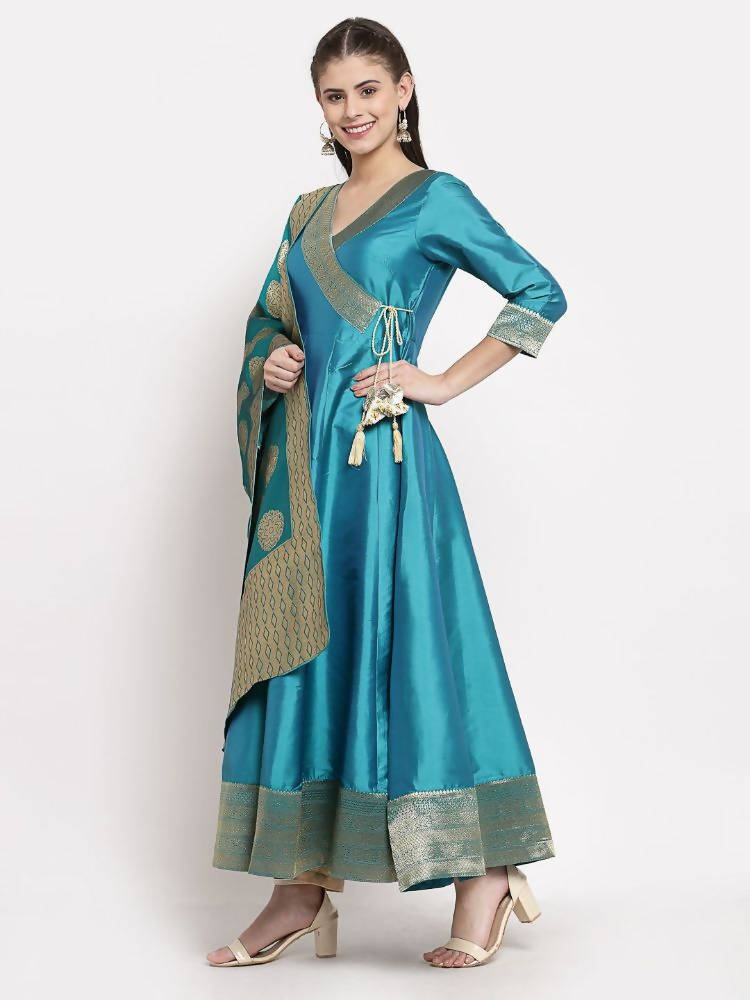 Myshka Women's Green Silk Solid 3/4 Sleeve V Neck Casual Anarkali Gown | Grab2Buy