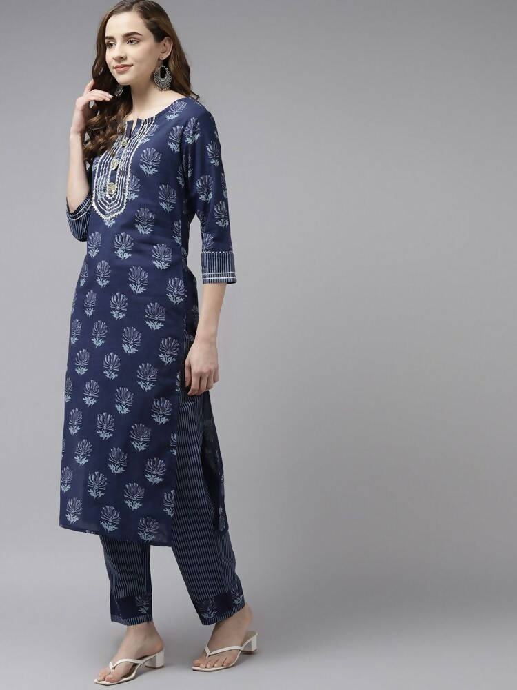 Yufta Women Navy Blue Gotta Patti Pure Cotton Kurta with Palazzo and Dupatta | Grab2Buy