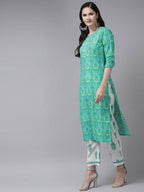 Yufta Green & White Ethnic Motifs Printed Mirror Work Kurta with Palazzo & Dupatta | Grab2Buy