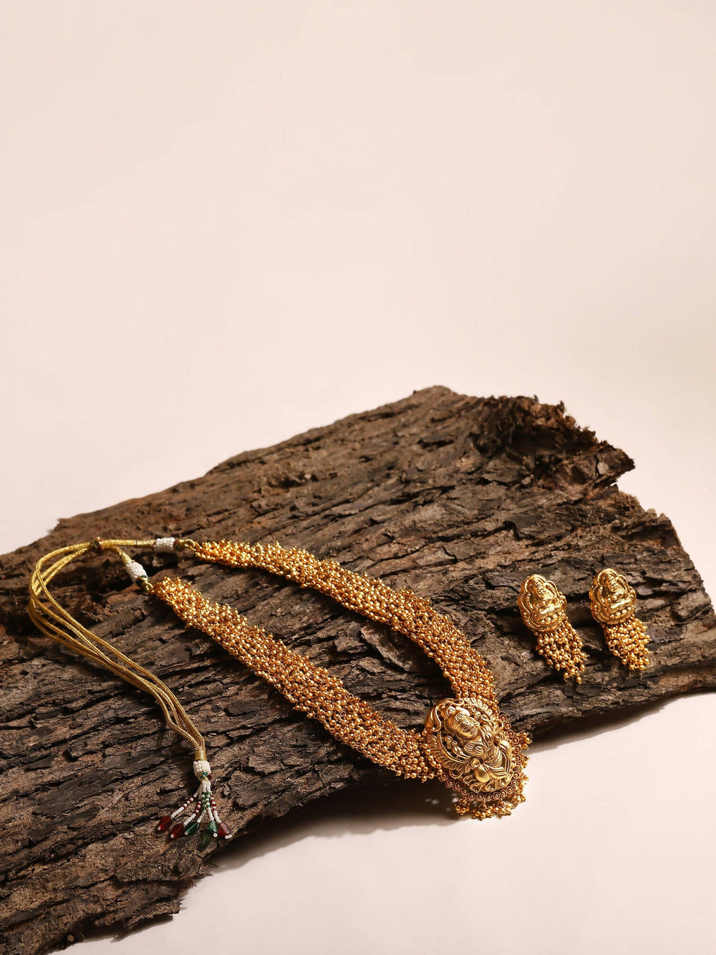 Gold-Polished Pearls Beaded Temple Jewellery Set - Ruby Raang | Grab2Buy