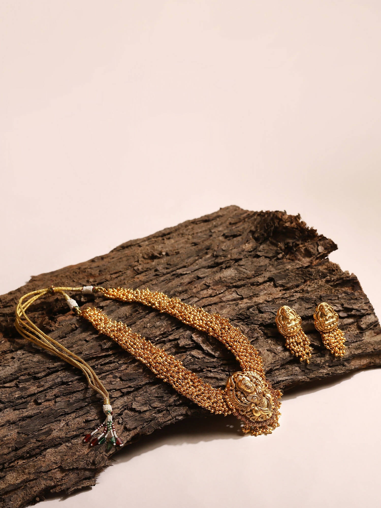 Gold-Polished Pearls Beaded Temple Jewellery Set - Ruby Raang | Grab2Buy