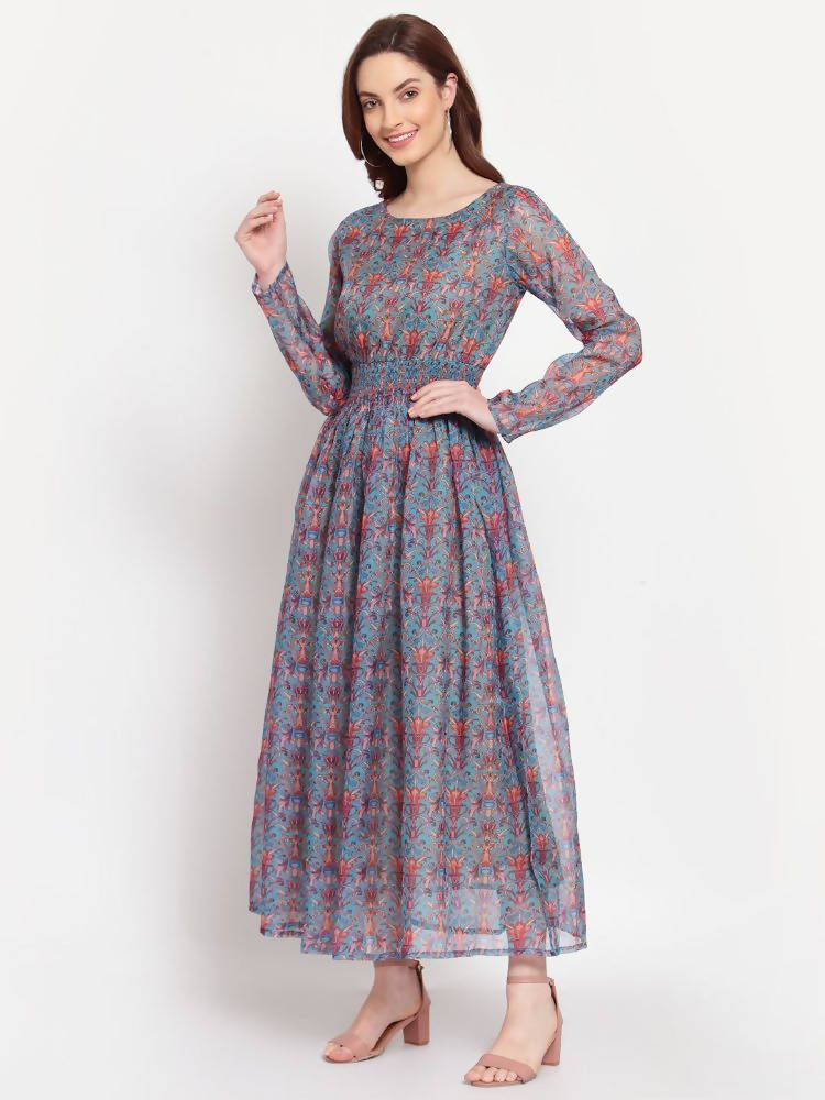 Myshka Women's Multi Printed Organza Full Sleeve Round Neck Casual Maxi Dress | Grab2Buy