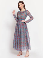 Myshka Women's Multi Printed Organza Full Sleeve Round Neck Casual Maxi Dress | Grab2Buy