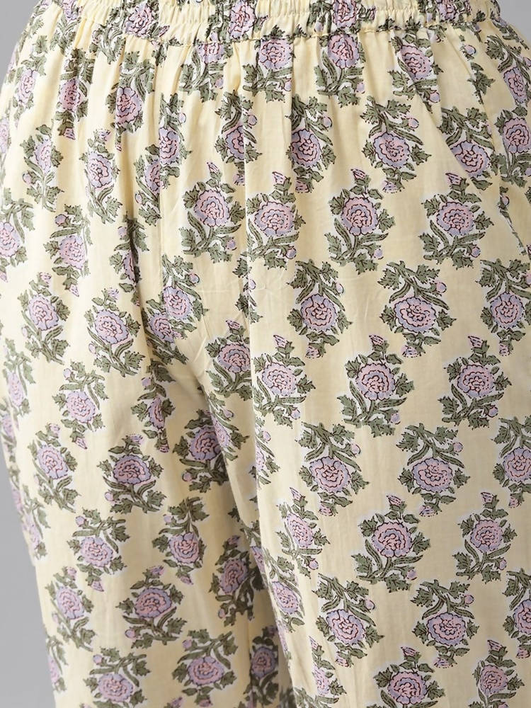 Yufta Women Yellow & Green Floral Handblock Printed Cotton Kurta with Trouser & Dupatta | Grab2Buy