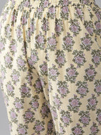 Yufta Women Yellow & Green Floral Handblock Printed Cotton Kurta with Trouser & Dupatta | Grab2Buy