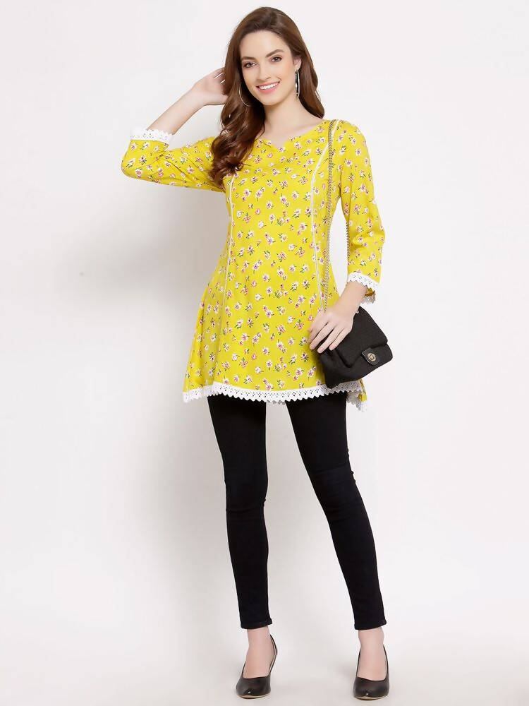 Myshka Women's Yellow Cotton 3/4 Sleeve Round Neck Printed Casual Tunic | Grab2Buy
