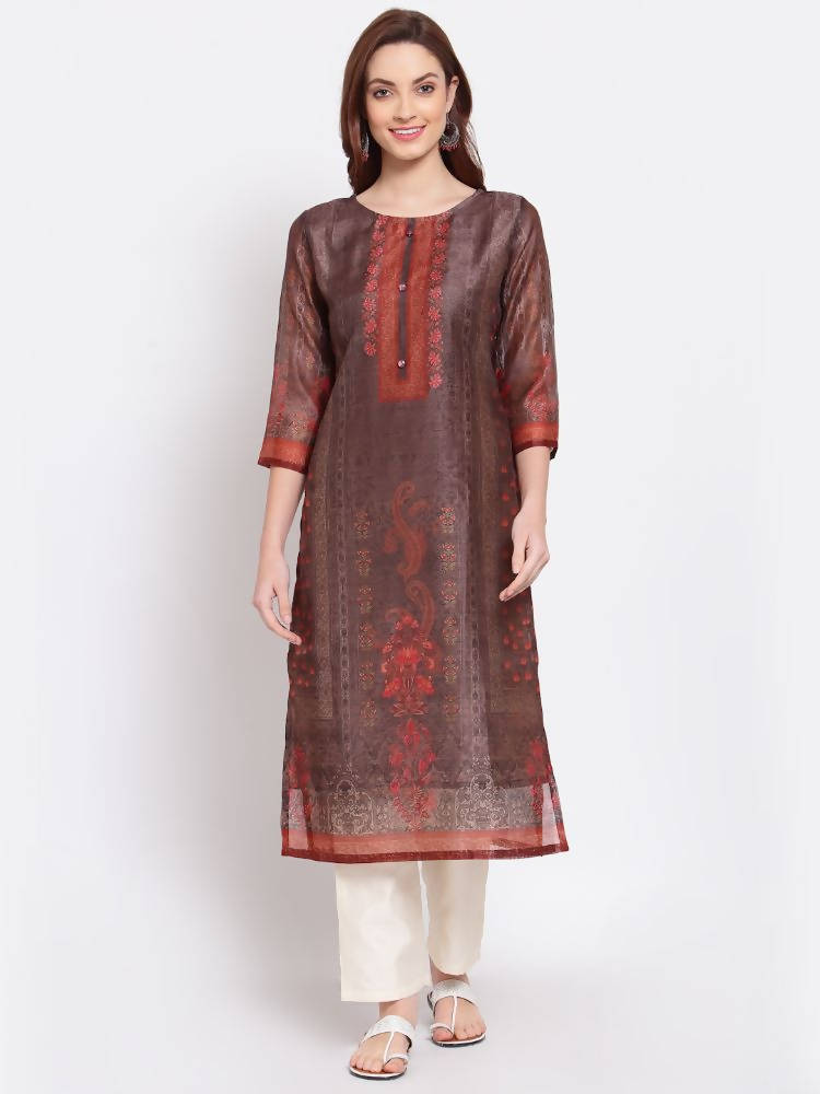 Myshka Women's Multi Printed Chanderi Silk 3/4 Sleeve Round Neck Casual Kurta | Grab2Buy