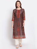 Myshka Women's Multi Printed Chanderi Silk 3/4 Sleeve Round Neck Casual Kurta | Grab2Buy