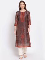 Myshka Women's Multi Printed Chanderi Silk 3/4 Sleeve Round Neck Casual Kurta | Grab2Buy