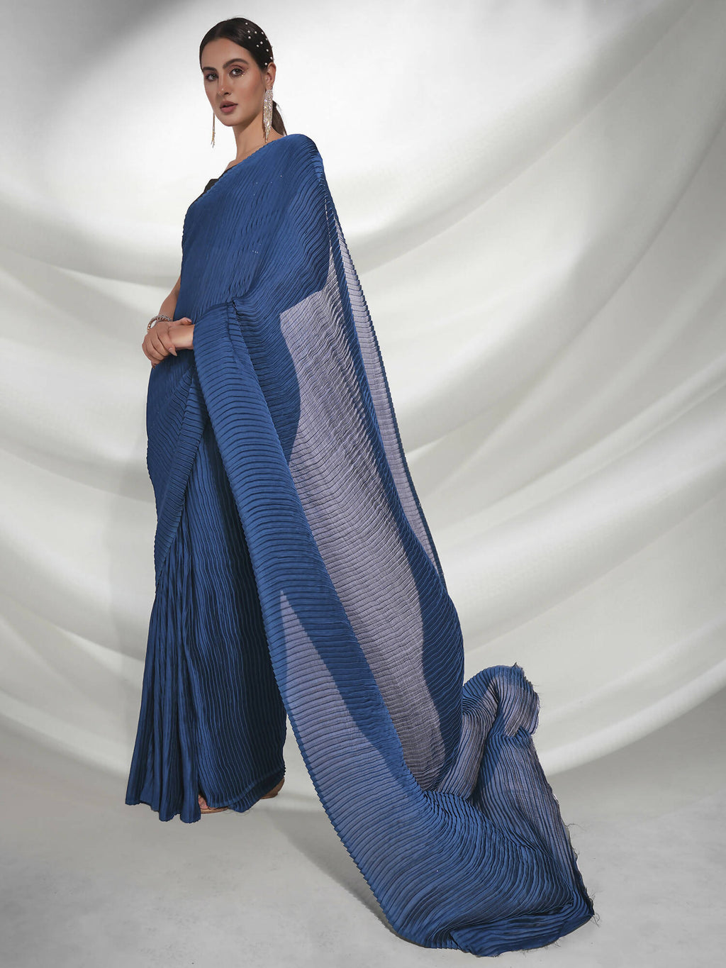 Teal Georgette Solid Texture Saree With Unstitched Blouse Piece - Rajal | Grab2Buy