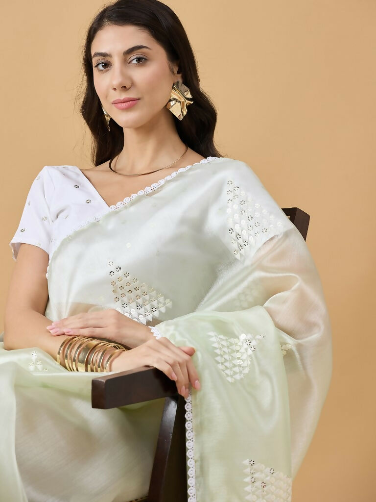 Green Tissue Slub Embroidered Saree with Unstitched Blouse - Vairagi | Grab2Buy
