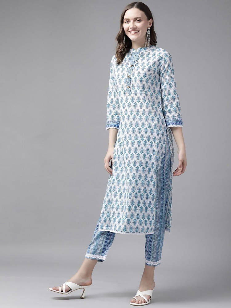 Yufta Women White & Blue Ethnic Hand Block Print Pure Cotton Kurta with Trouser & Dupatta | Grab2Buy