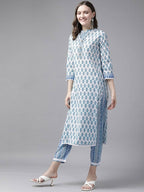 Yufta Women White & Blue Ethnic Hand Block Print Pure Cotton Kurta with Trouser & Dupatta | Grab2Buy