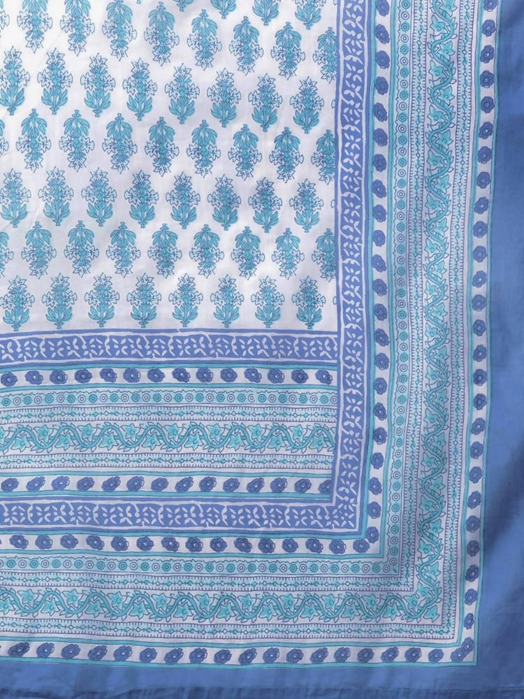 Yufta Women White & Blue Ethnic Hand Block Print Pure Cotton Kurta with Trouser & Dupatta | Grab2Buy