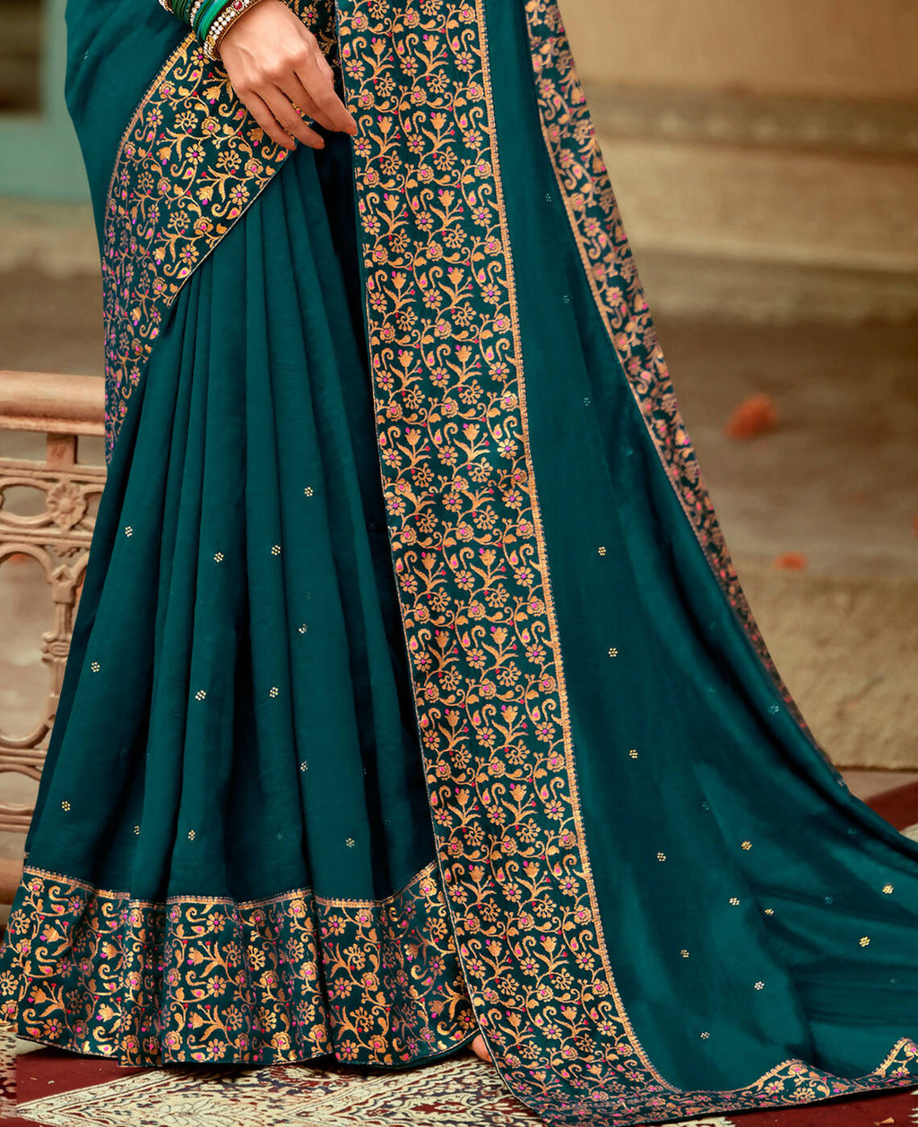 Blue Vichitra Stone Work Saree With Unstitched Blouse Piece - Rosy | Grab2Buy