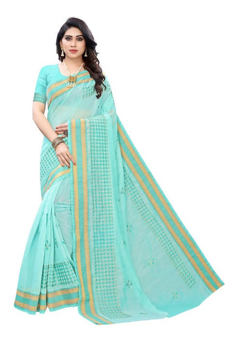 Vamika Embroidery Rama Green Chanderi Saree (MINI CHECKS RAMA) | Grab2Buy