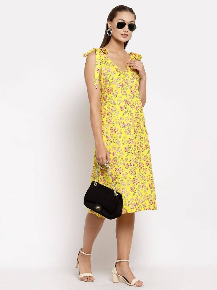 Myshka Women's Yellow Cotton Printed Sleeveless V Neck Casual Dress | Grab2Buy