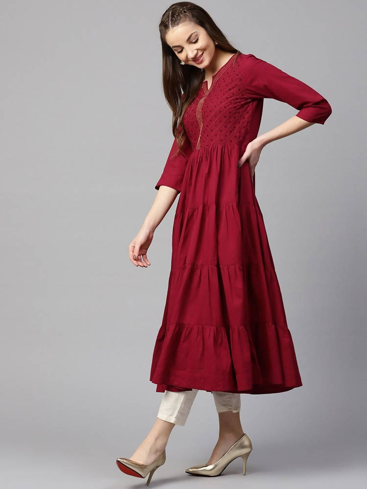 Yufta Women Maroon Embroidered Tiered Anarkali Kurta | Grab2Buy