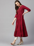 Yufta Women Maroon Embroidered Tiered Anarkali Kurta | Grab2Buy