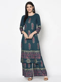 Aniyah Rayon Teal Blue Color Block Print Straight Kurta Palazzo Set (AN-223K) | Grab2Buy