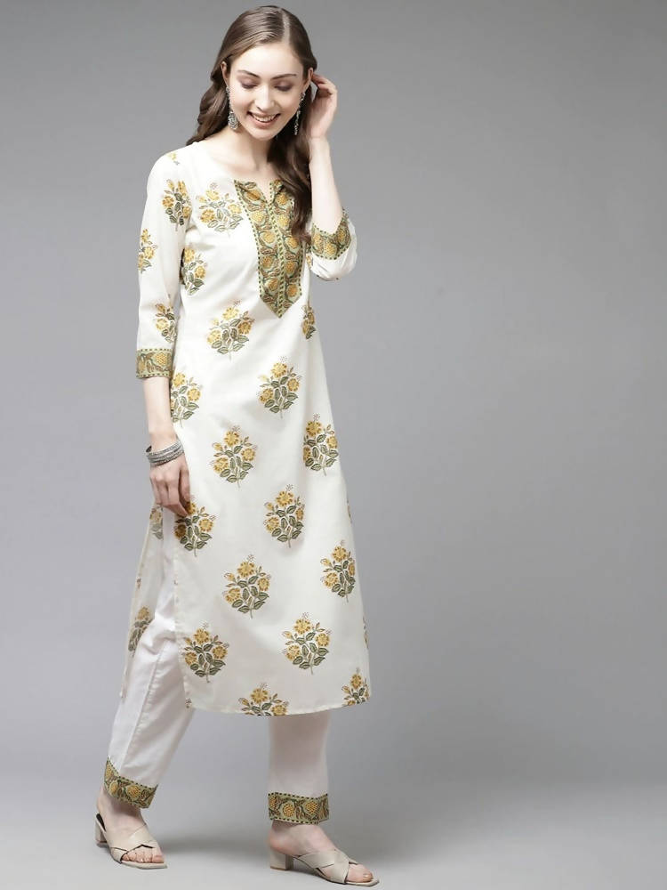 Yufta White yellow Floral Print kurta with Trouser & Dupatta set | Grab2Buy