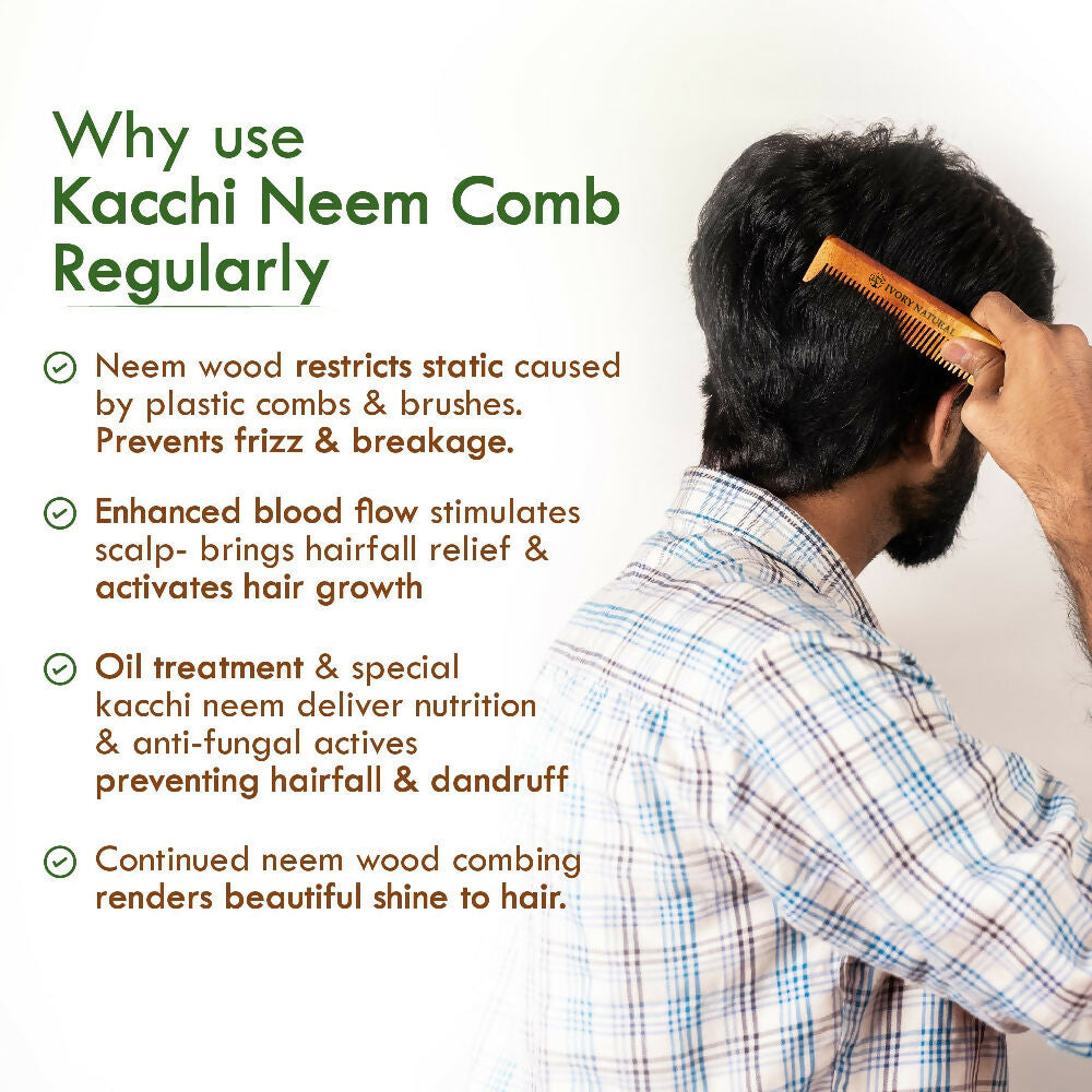 Ivory Natural Handle Kacchi Neem Comb For Gentle Detangling & Scalp Nourishment For Hair