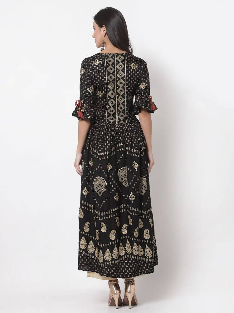 Myshka Women's Black Rayon Printed 3/4 Sleeve V Neck Casual Dress | Grab2Buy