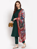 Myshka Women's Green Solid Cotton 3/4 Sleeve Mandarin Neck Casual Kurta Pant Dupatta Set | Grab2Buy